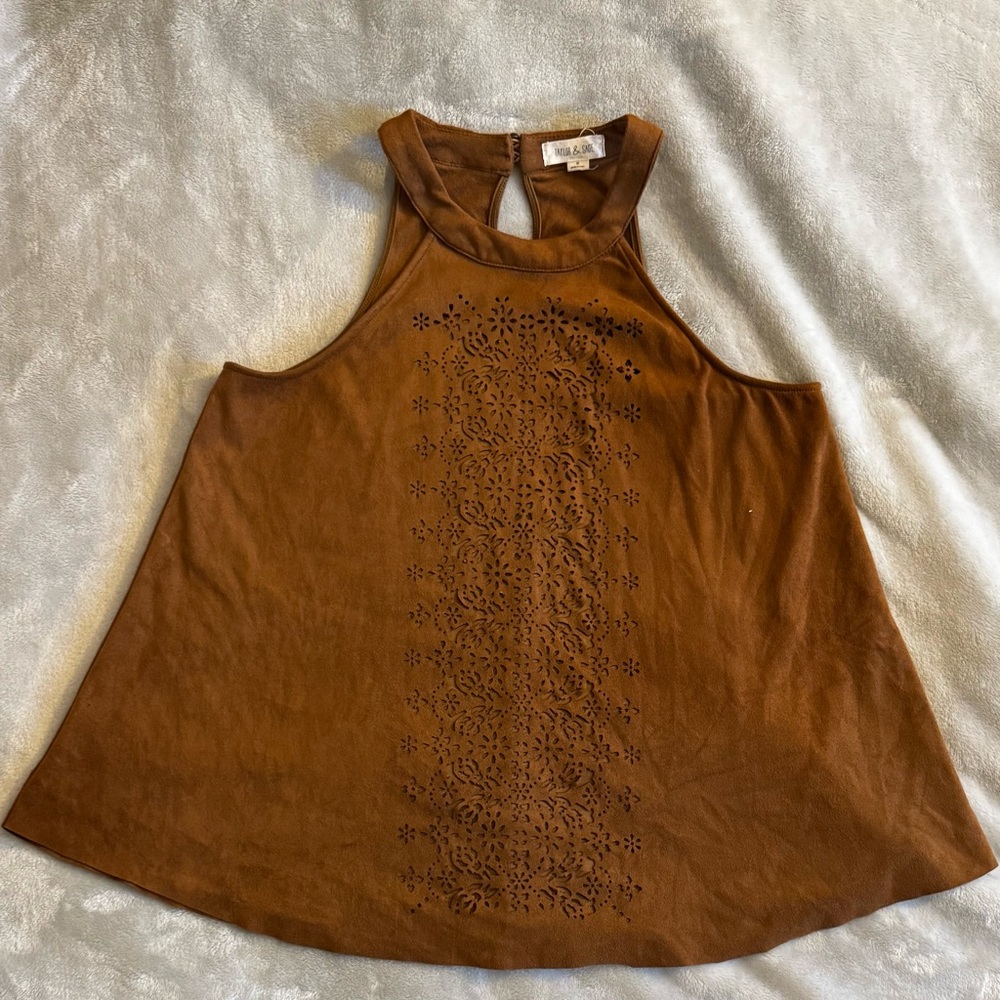 Taylor & Sage Brown Faux Suede Laser-Cut Halter Tank
